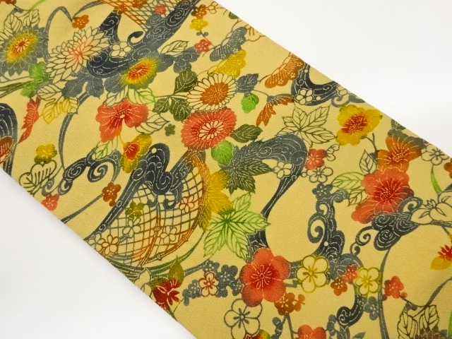 JAPANESE KIMONO / NAGOYA OBI / KATAZOME / CHIRIMEN / ROUGH WAVE & PLANT 